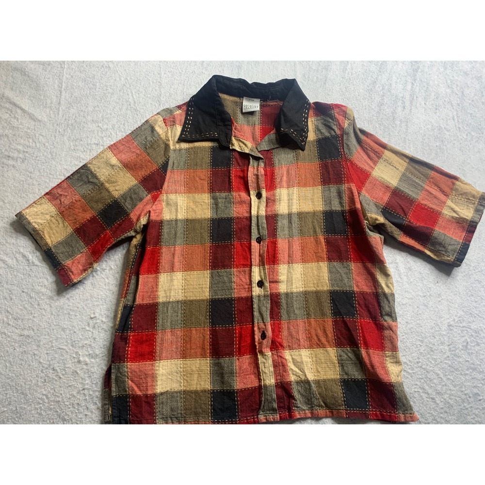 Carolina Colours Women's L Plaid Patchwork Short Sleeve Button Up Shirt Top Fall